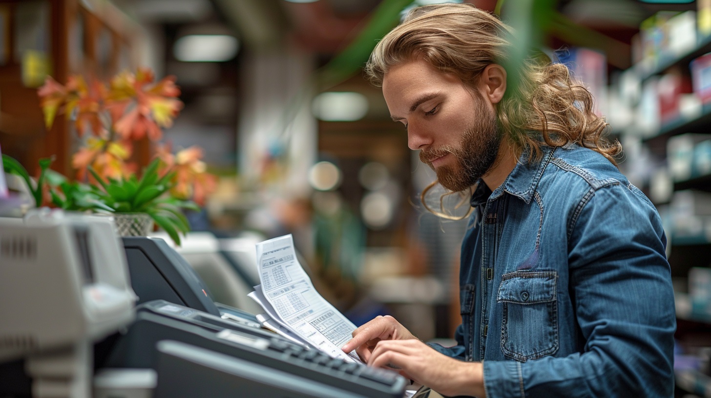 A man uses a fax machine